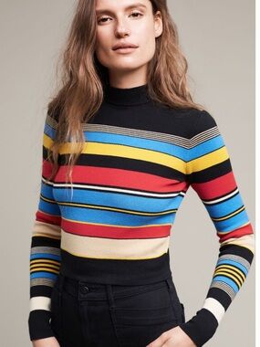 Tracy Reese Hanst Mockneck Sweater with Blue, Yellow, Red & Cream Stripes